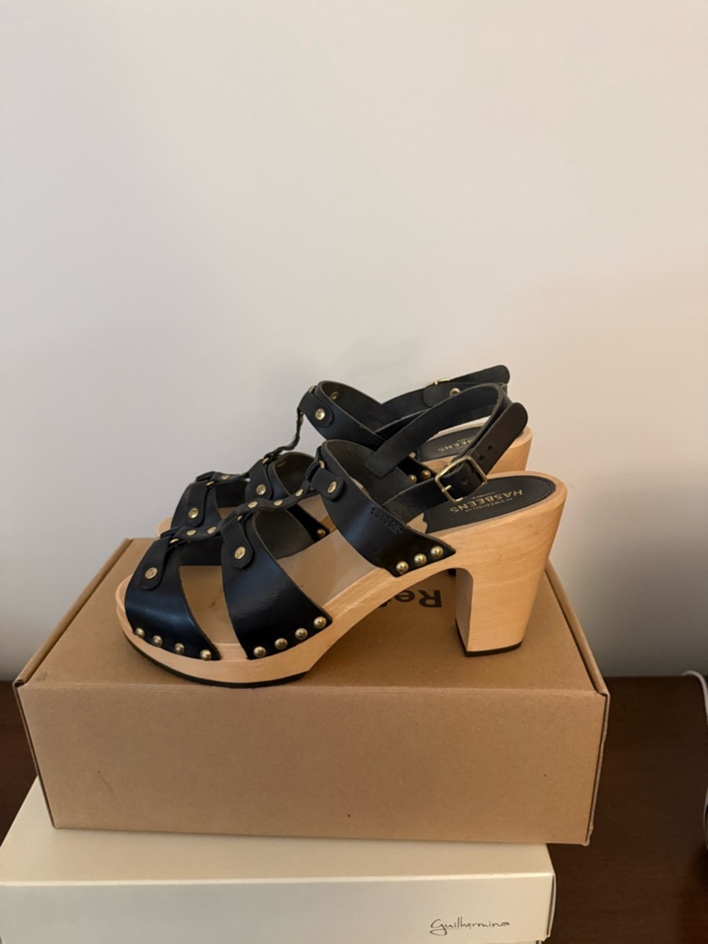 Swedish Hasbeens Black Leather Studded Clog Sandals with Natural Wood Heel